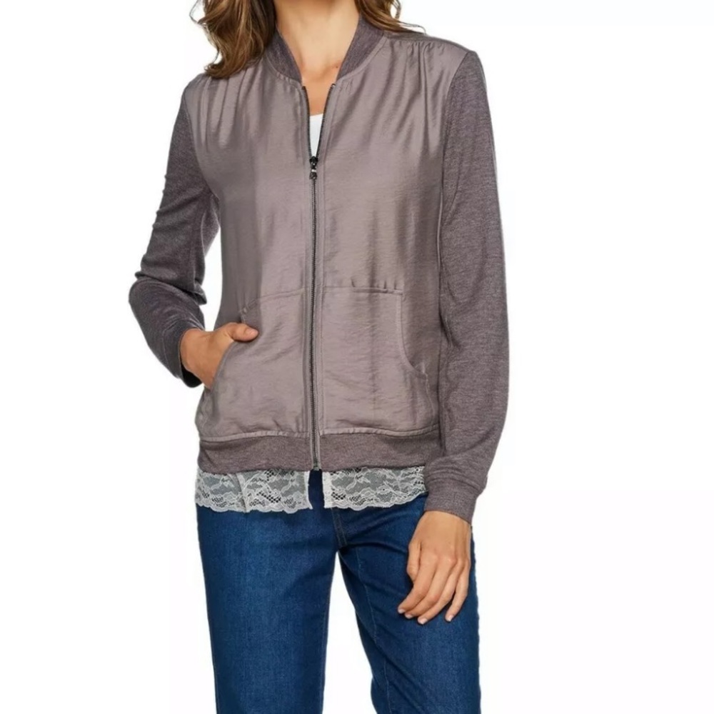 Logo Lori Goldstein Woven Bomber Jacket Lace Zip Purple 16